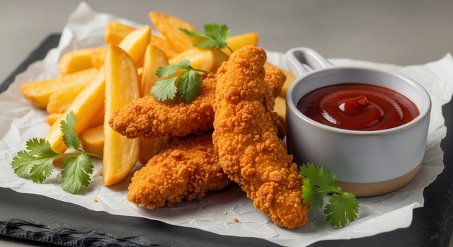 Crispy chicken tenders with golden potato wedges and ketchup on parchment paper