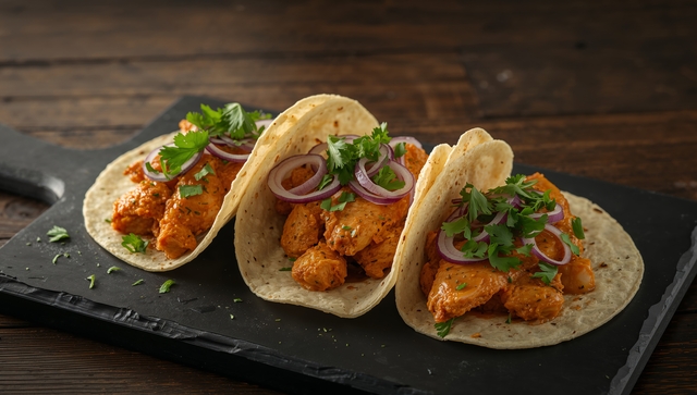 Culinary Delight. Three Tacos with Orange Filling and Vibrant Vegetable Garnishes.