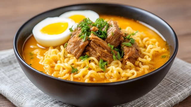 Delicious Bowl of Ramen Noodles with Tender Beef, Eggs, and Fresh Herbs in a Rich Broth