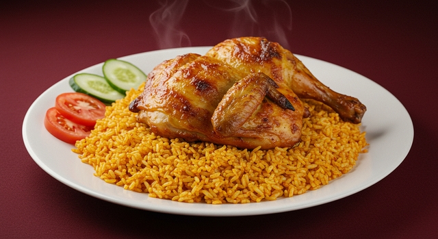 Serving of Roasted Chicken with Rice and Vegetables on Plate