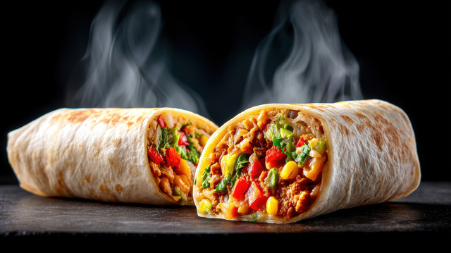 Steaming burrito tortilla wrap grilled chicken rice beans corn bell pepper salsa cilantro lime zest adds mouthwatering appeal