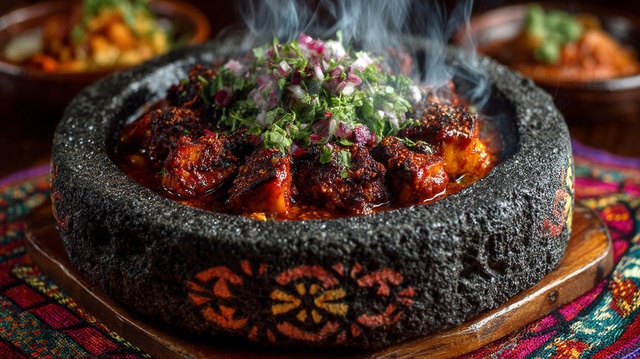 Steaming Hot Spicy Meat Dish in Stone Bowl