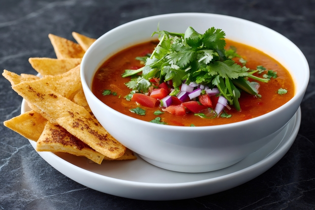 Tomato soup garnished with cilantro, avocado, red onion and bell pepper, served with tortilla chips